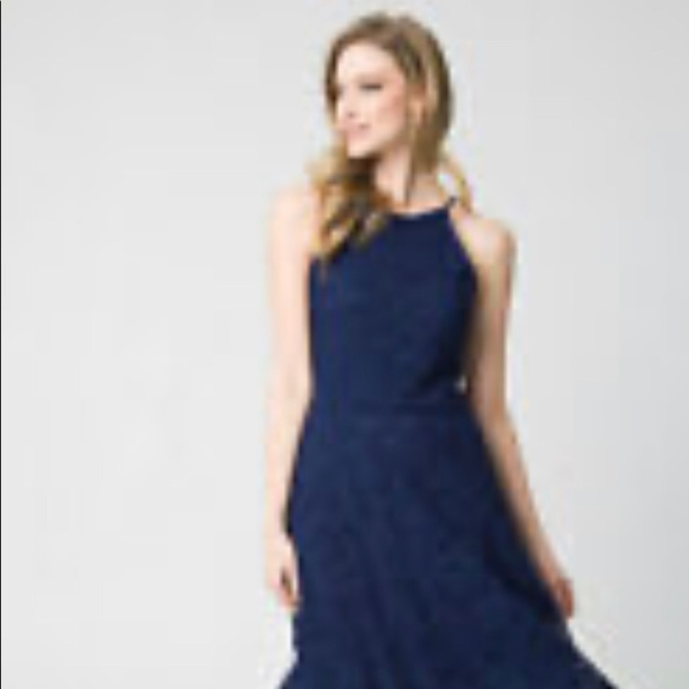 Le Chateau Medium Navy Lace hi/low Formal Dress High Neck Prom Evening